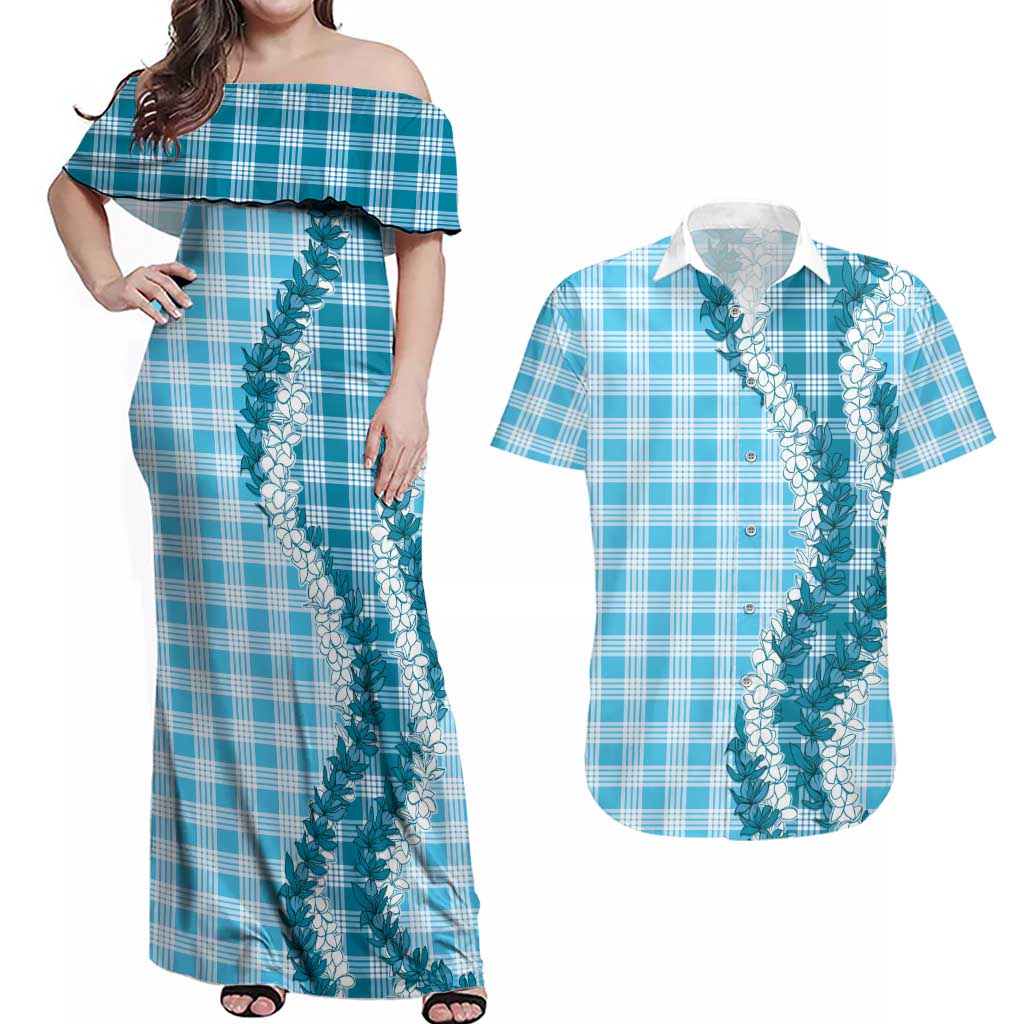 Blue Hawaii Palaka Couples Matching Off Shoulder Maxi Dress and Hawaiian Shirt Hawaiian Honohono Lei