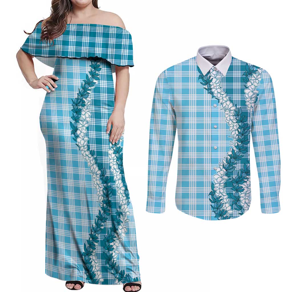Blue Hawaii Palaka Couples Matching Off Shoulder Maxi Dress and Long Sleeve Button Shirt Hawaiian Honohono Lei