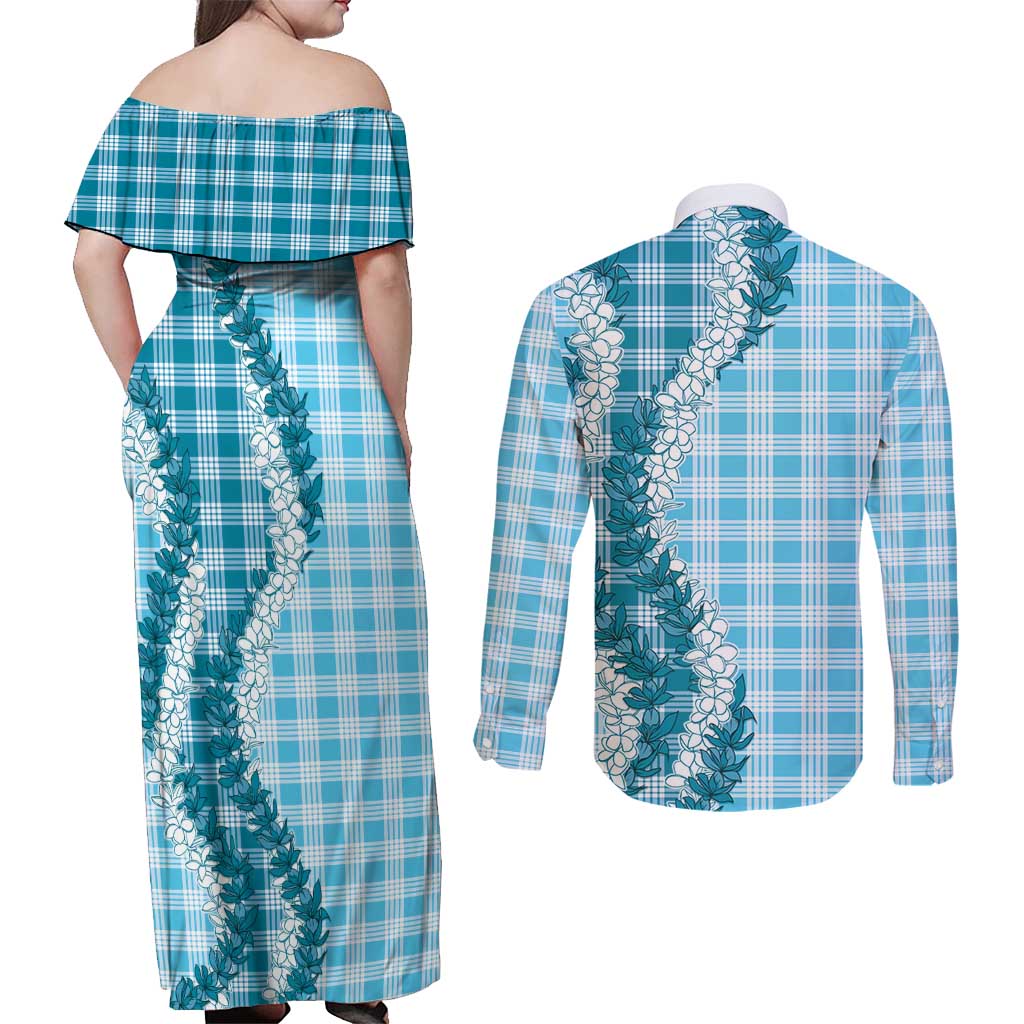 Blue Hawaii Palaka Couples Matching Off Shoulder Maxi Dress and Long Sleeve Button Shirt Hawaiian Honohono Lei LT05 - Polynesian Pride