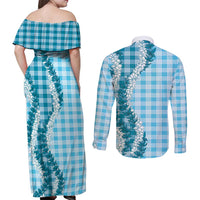 Blue Hawaii Palaka Couples Matching Off Shoulder Maxi Dress and Long Sleeve Button Shirt Hawaiian Honohono Lei LT05 - Polynesian Pride