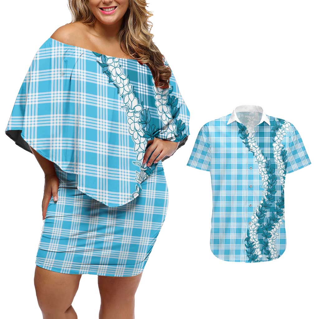Blue Hawaii Palaka Couples Matching Off Shoulder Short Dress and Hawaiian Shirt Hawaiian Honohono Lei LT05 Blue - Polynesian Pride