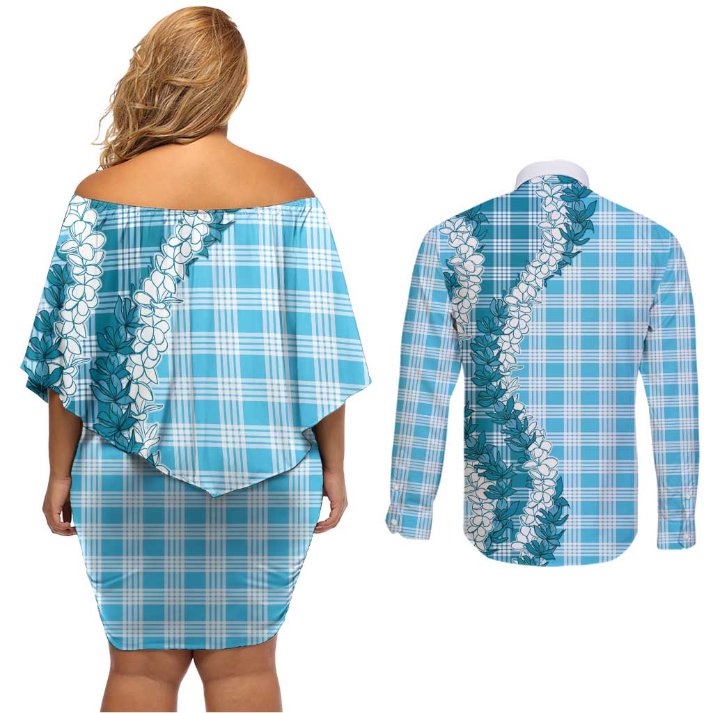 Blue Hawaii Palaka Couples Matching Off Shoulder Short Dress and Long Sleeve Button Shirt Hawaiian Honohono Lei LT05 - Polynesian Pride
