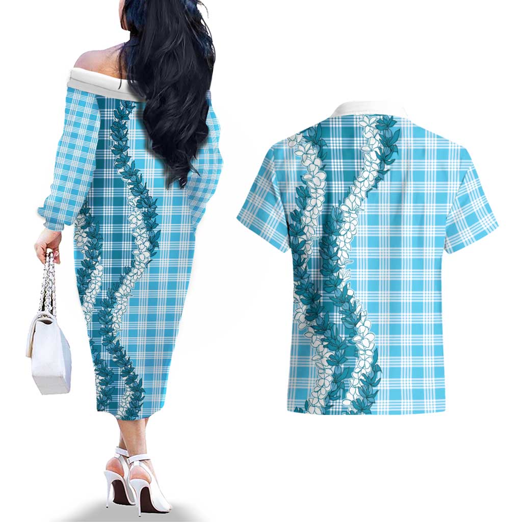 Blue Hawaii Palaka Couples Matching Off The Shoulder Long Sleeve Dress and Hawaiian Shirt Hawaiian Honohono Lei LT05 - Polynesian Pride