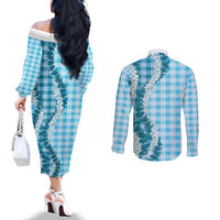 Blue Hawaii Palaka Couples Matching Off The Shoulder Long Sleeve Dress and Long Sleeve Button Shirt Hawaiian Honohono Lei LT05 - Polynesian Pride