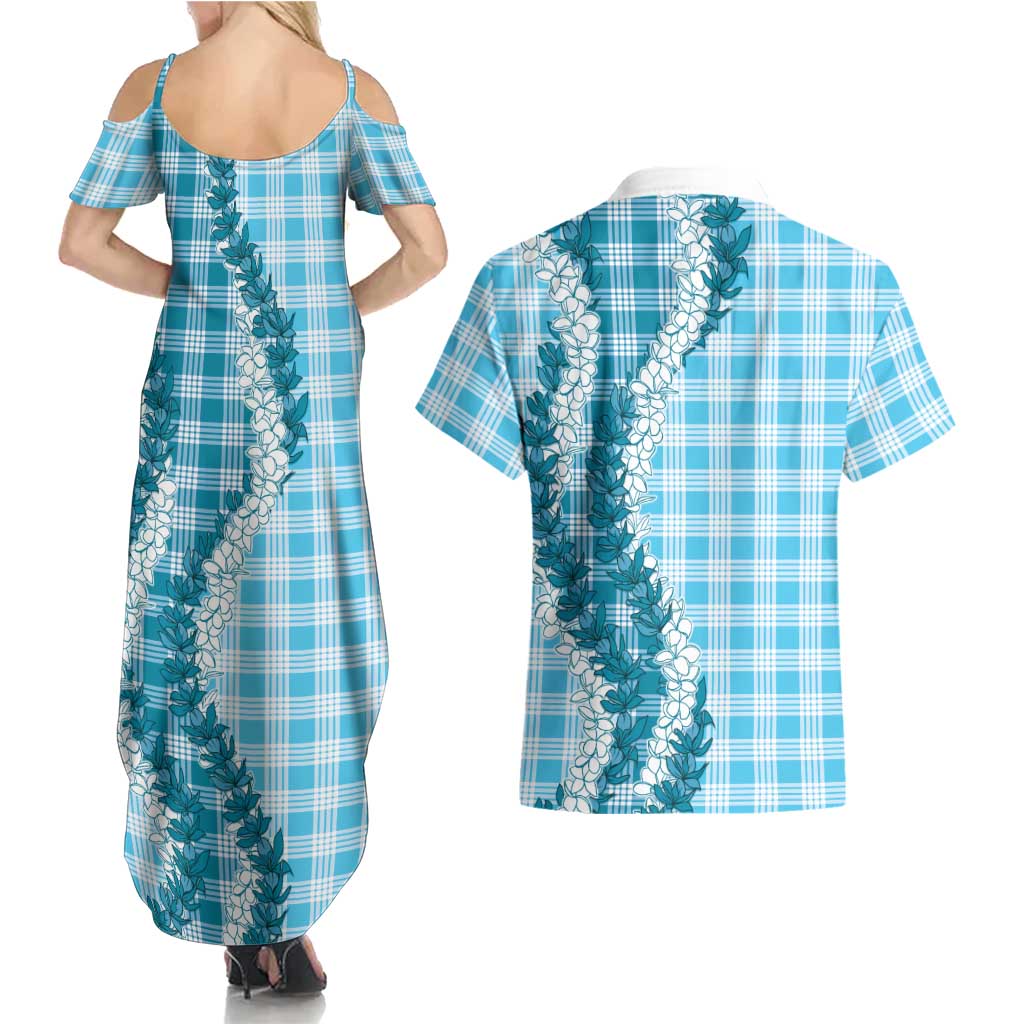 Blue Hawaii Palaka Couples Matching Summer Maxi Dress and Hawaiian Shirt Hawaiian Honohono Lei LT05 - Polynesian Pride