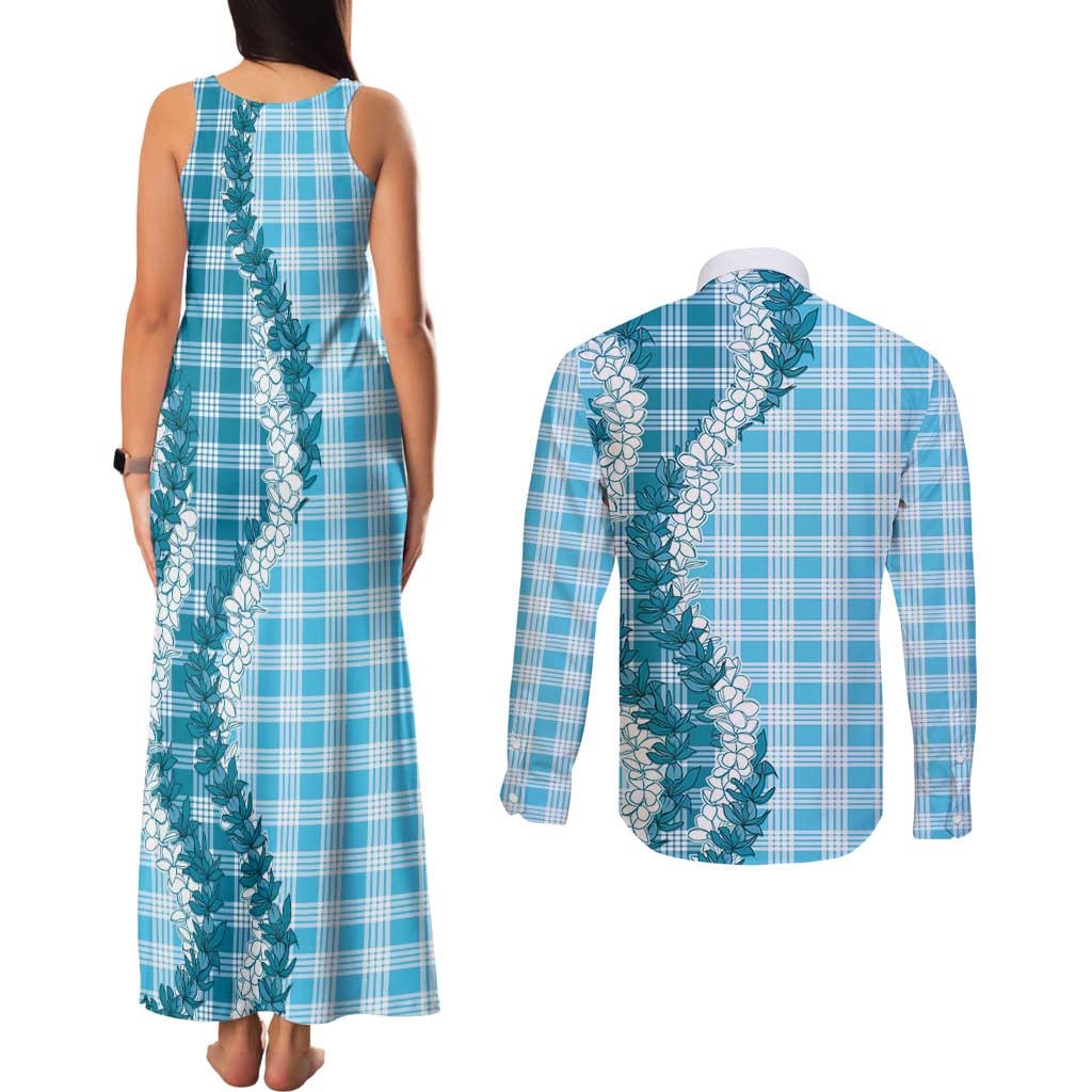 Blue Hawaii Palaka Couples Matching Tank Maxi Dress and Long Sleeve Button Shirt Hawaiian Honohono Lei LT05 - Polynesian Pride