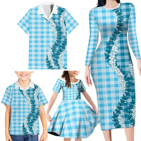 Blue Hawaii Palaka Family Matching Long Sleeve Bodycon Dress and Hawaiian Shirt Hawaiian Honohono Lei LT05 - Polynesian Pride