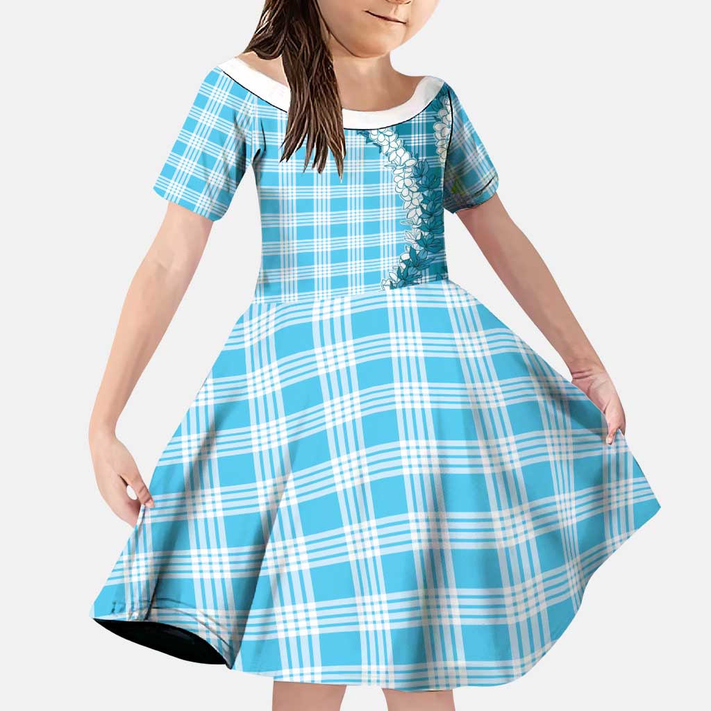 Blue Hawaii Palaka Family Matching Off The Shoulder Long Sleeve Dress and Hawaiian Shirt Hawaiian Honohono Lei LT05 Daughter's Dress Blue - Polynesian Pride