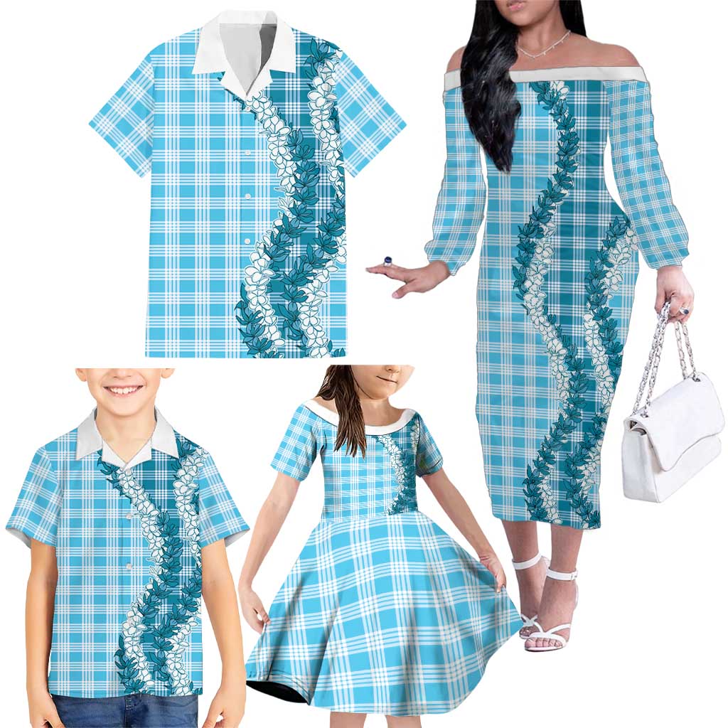 Blue Hawaii Palaka Family Matching Off The Shoulder Long Sleeve Dress and Hawaiian Shirt Hawaiian Honohono Lei LT05 - Polynesian Pride