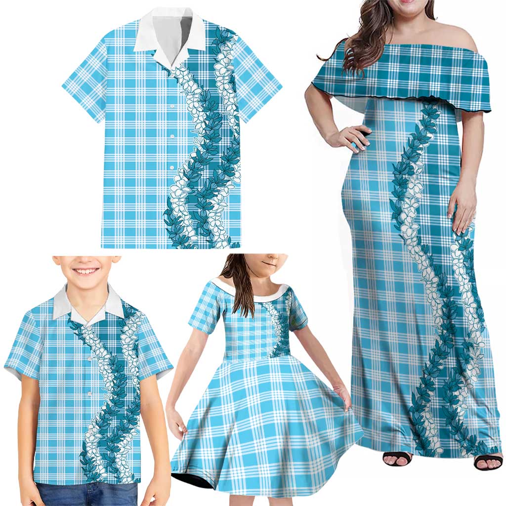Blue Hawaii Palaka Family Matching Off Shoulder Maxi Dress and Hawaiian Shirt Hawaiian Honohono Lei