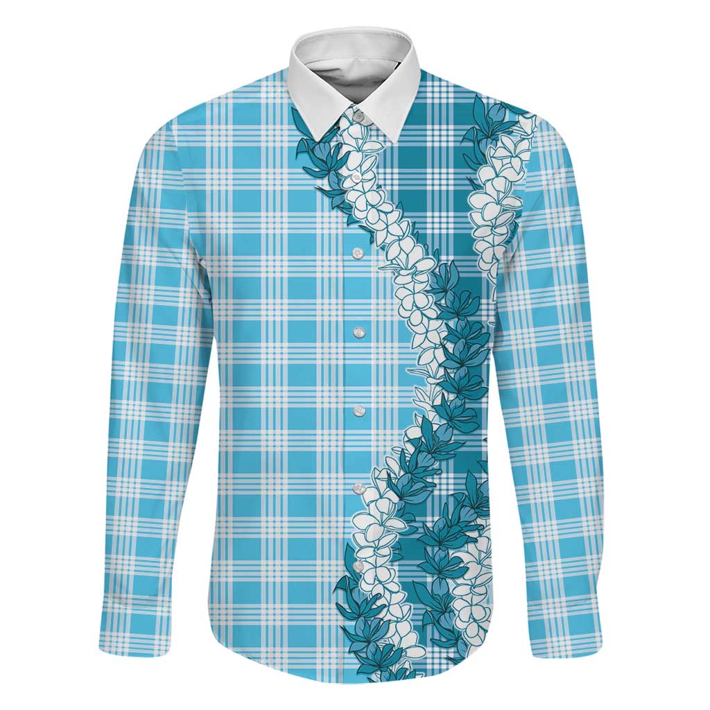 Blue Hawaii Palaka Family Matching Off Shoulder Short Dress and Hawaiian Shirt Hawaiian Honohono Lei LT05 Dad's Shirt - Long Sleeve Blue - Polynesian Pride