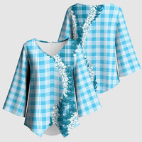 Blue Hawaii Palaka Kimono Sleeve Blouse Hawaiian Honohono Lei