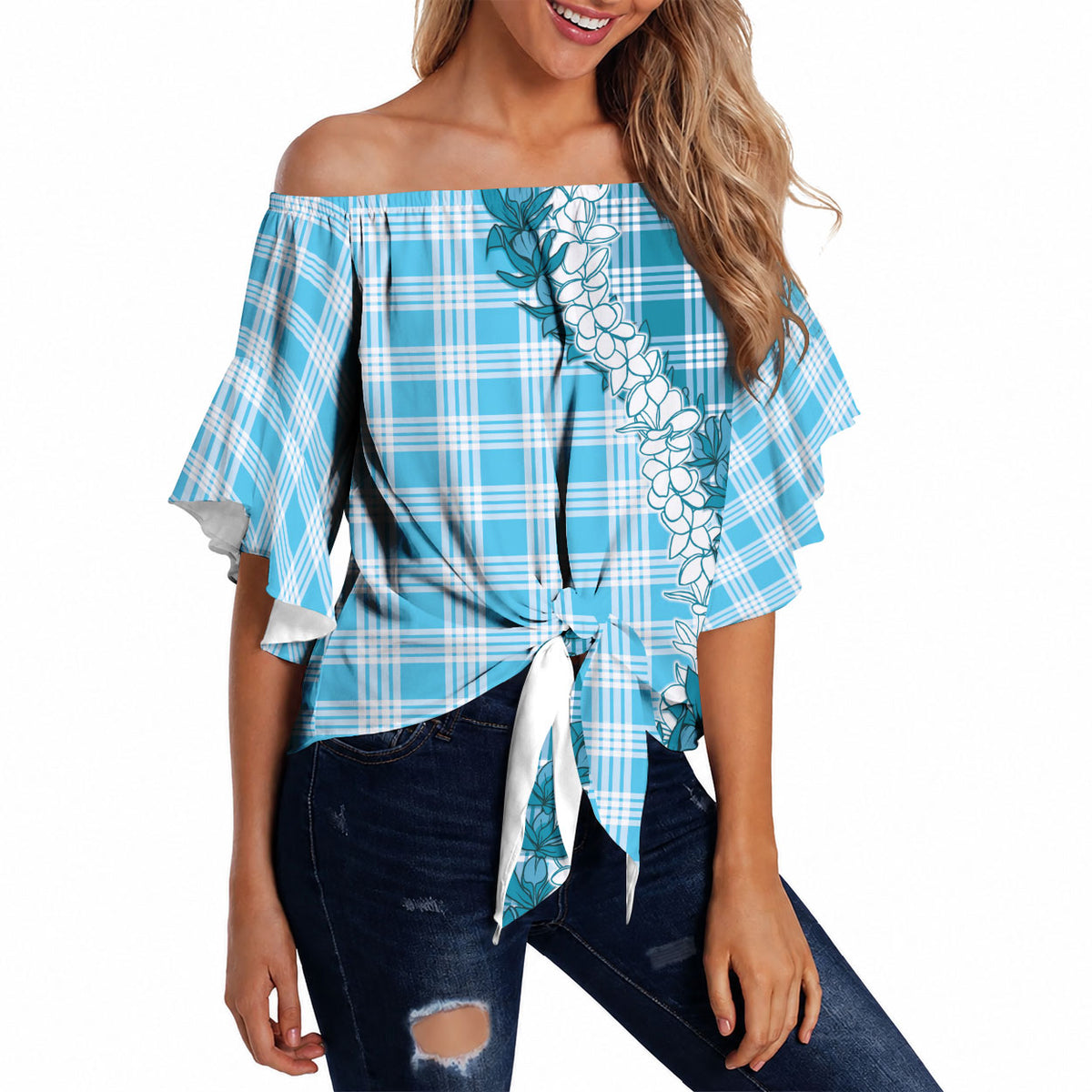 Blue Hawaii Palaka Off Shoulder Wrap Waist Top Hawaiian Honohono Lei LT05 - Polynesian Pride