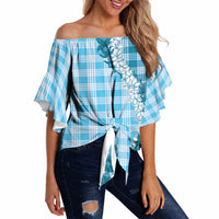 Blue Hawaii Palaka Off Shoulder Wrap Waist Top Hawaiian Honohono Lei LT05 - Polynesian Pride
