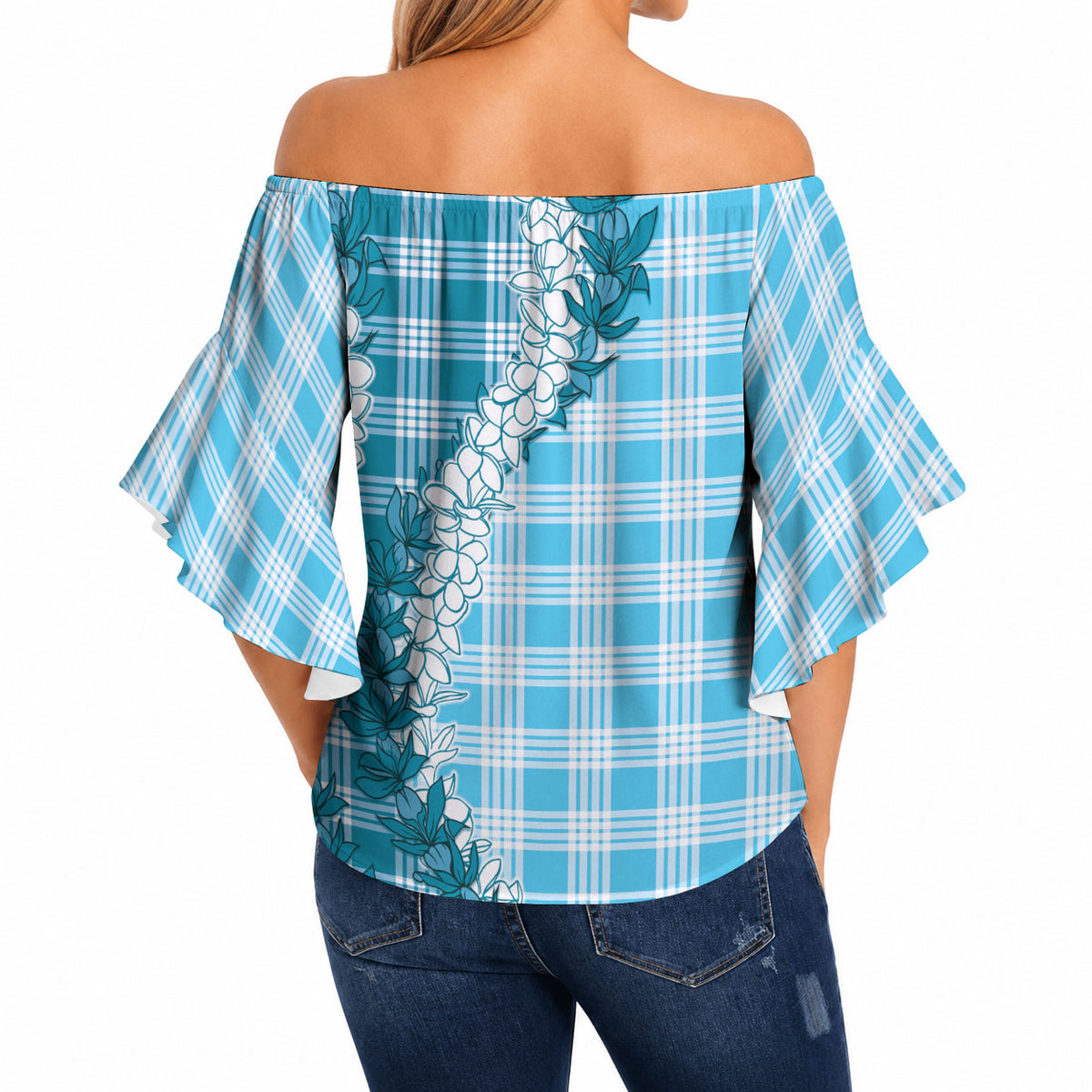 Blue Hawaii Palaka Off Shoulder Wrap Waist Top Hawaiian Honohono Lei LT05 - Polynesian Pride