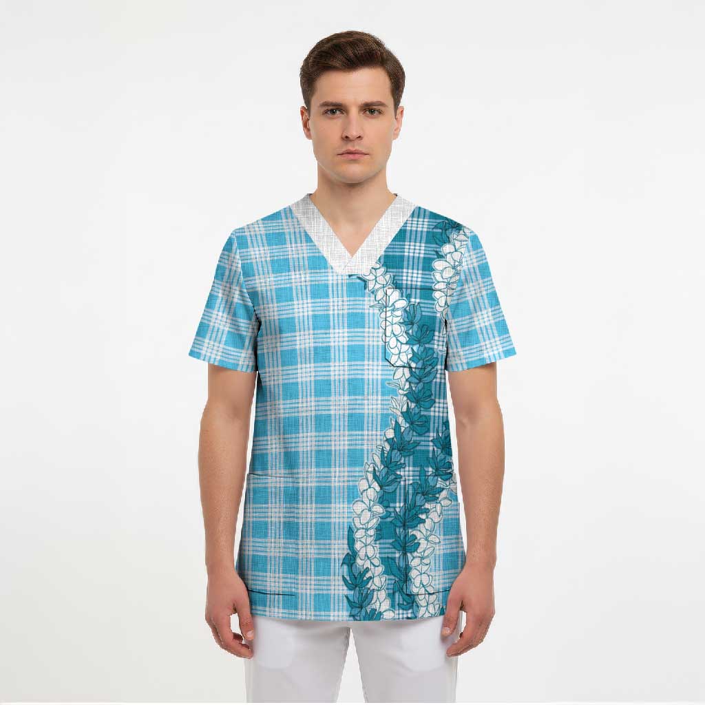 Blue Hawaii Palaka Scrub Top Hawaiian Honohono Lei