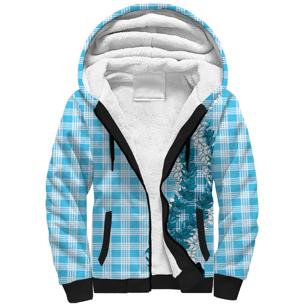 Blue Hawaii Palaka Sherpa Hoodie Hawaiian Honohono Lei