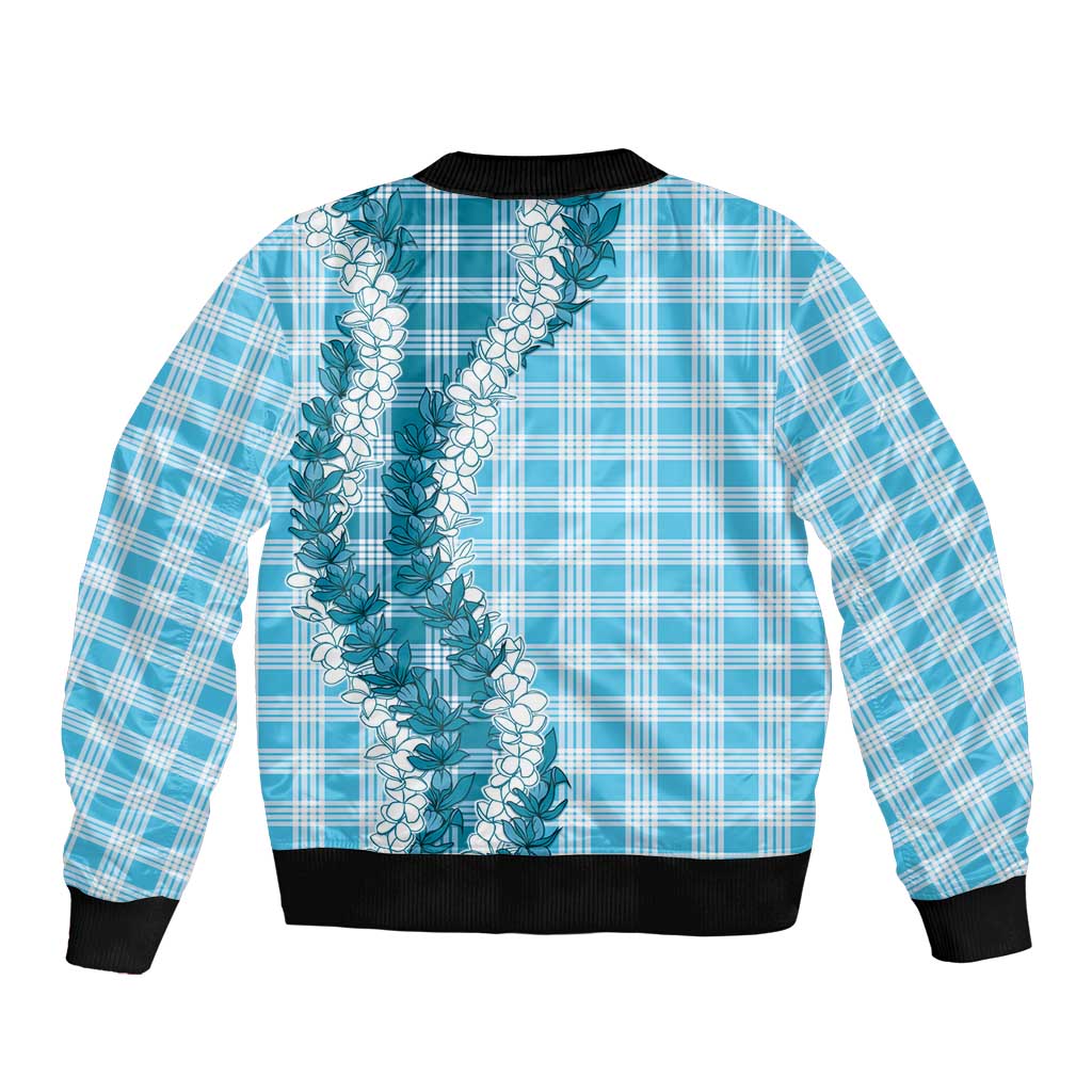 Blue Hawaii Palaka Sleeve Zip Bomber Jacket Hawaiian Honohono Lei