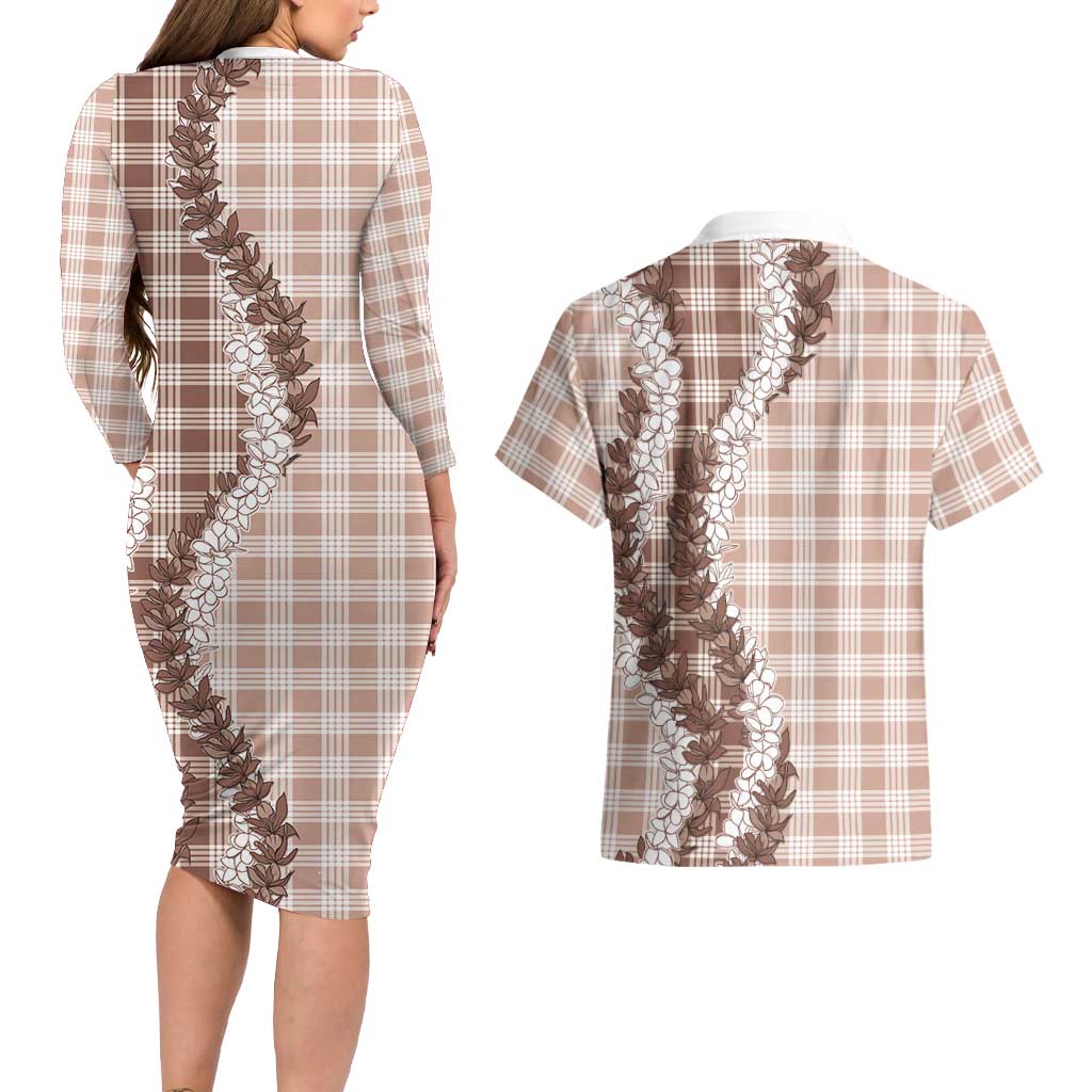 Beige Hawaii Palaka Couples Matching Long Sleeve Bodycon Dress and Hawaiian Shirt Hawaiian Honohono Lei LT05 - Polynesian Pride