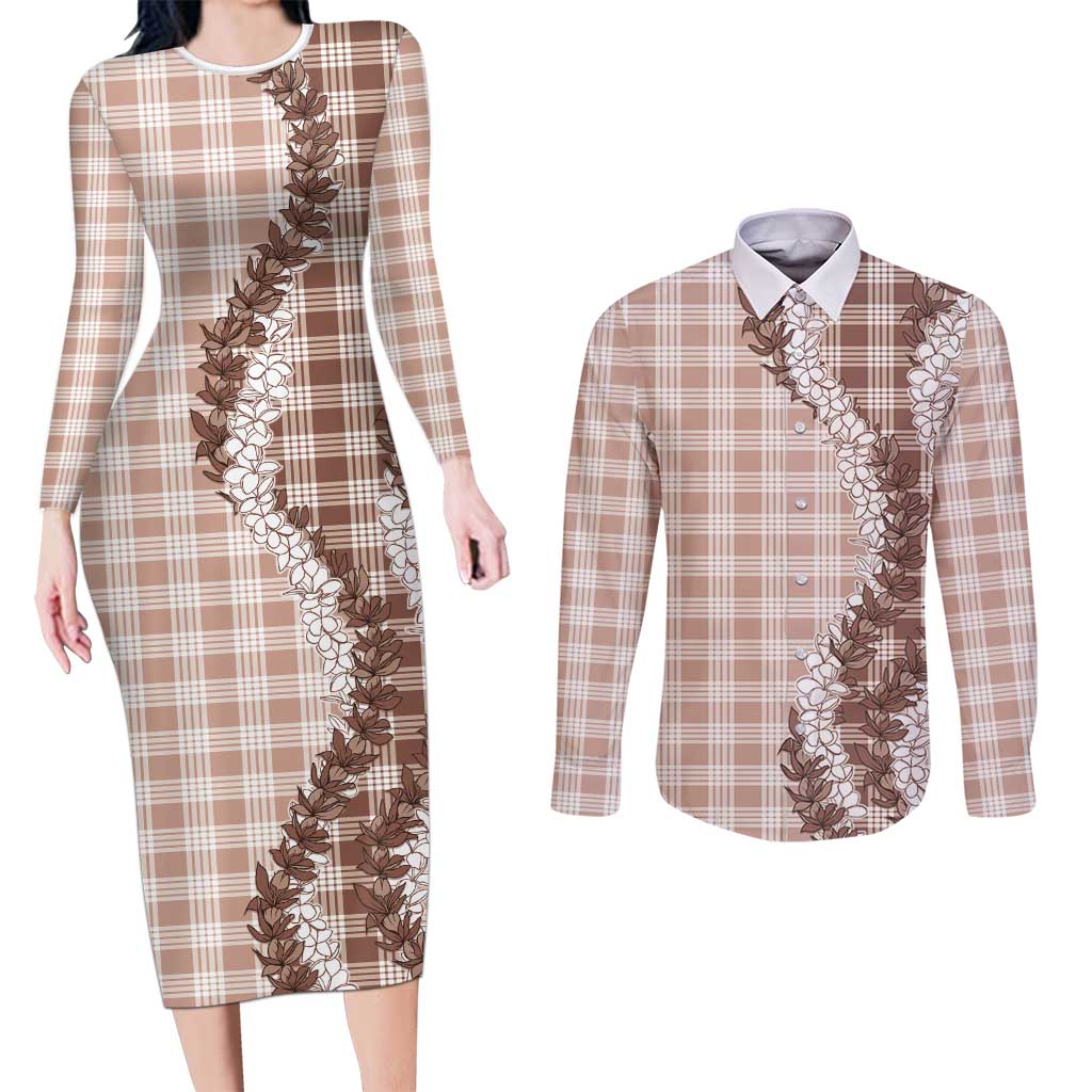 Beige Hawaii Palaka Couples Matching Long Sleeve Bodycon Dress and Long Sleeve Button Shirt Hawaiian Honohono Lei