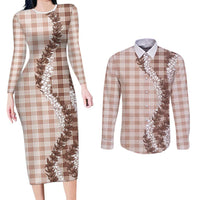 Beige Hawaii Palaka Couples Matching Long Sleeve Bodycon Dress and Long Sleeve Button Shirt Hawaiian Honohono Lei LT05 Beige - Polynesian Pride