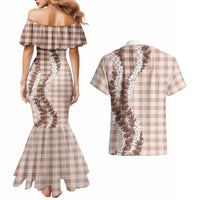 Beige Hawaii Palaka Couples Matching Mermaid Dress and Hawaiian Shirt Hawaiian Honohono Lei LT05 - Polynesian Pride