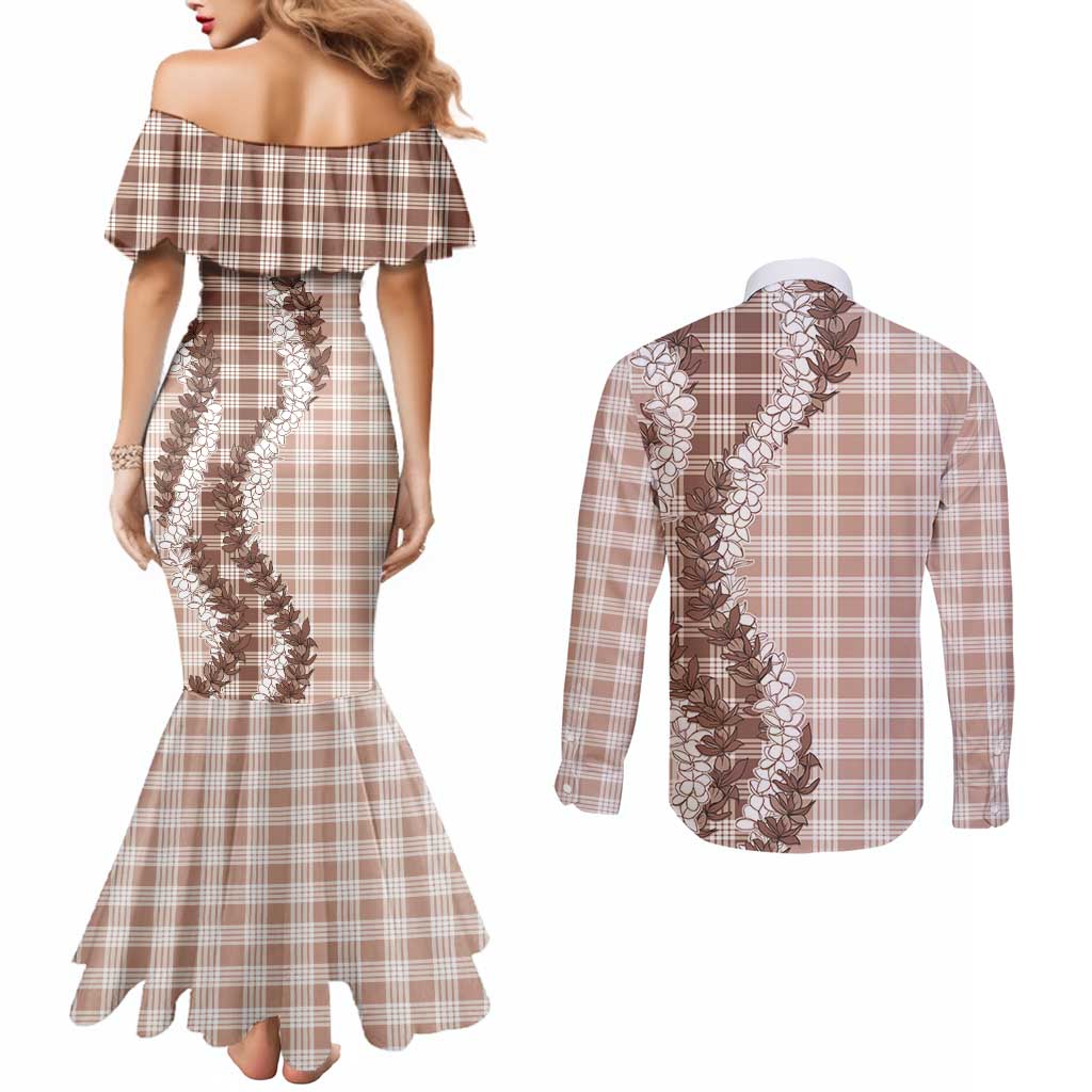 Beige Hawaii Palaka Couples Matching Mermaid Dress and Long Sleeve Button Shirt Hawaiian Honohono Lei LT05 - Polynesian Pride