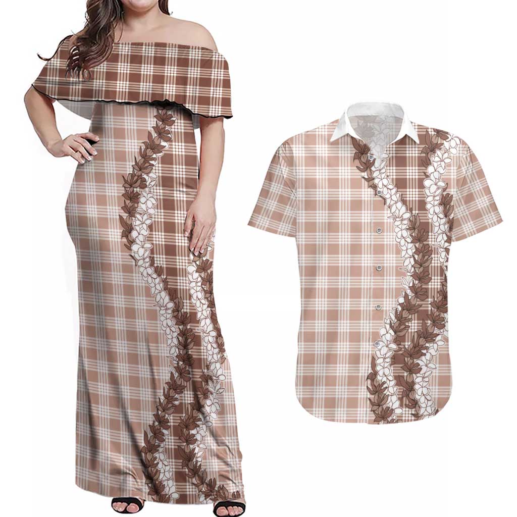Beige Hawaii Palaka Couples Matching Off Shoulder Maxi Dress and Hawaiian Shirt Hawaiian Honohono Lei LT05 Beige - Polynesian Pride