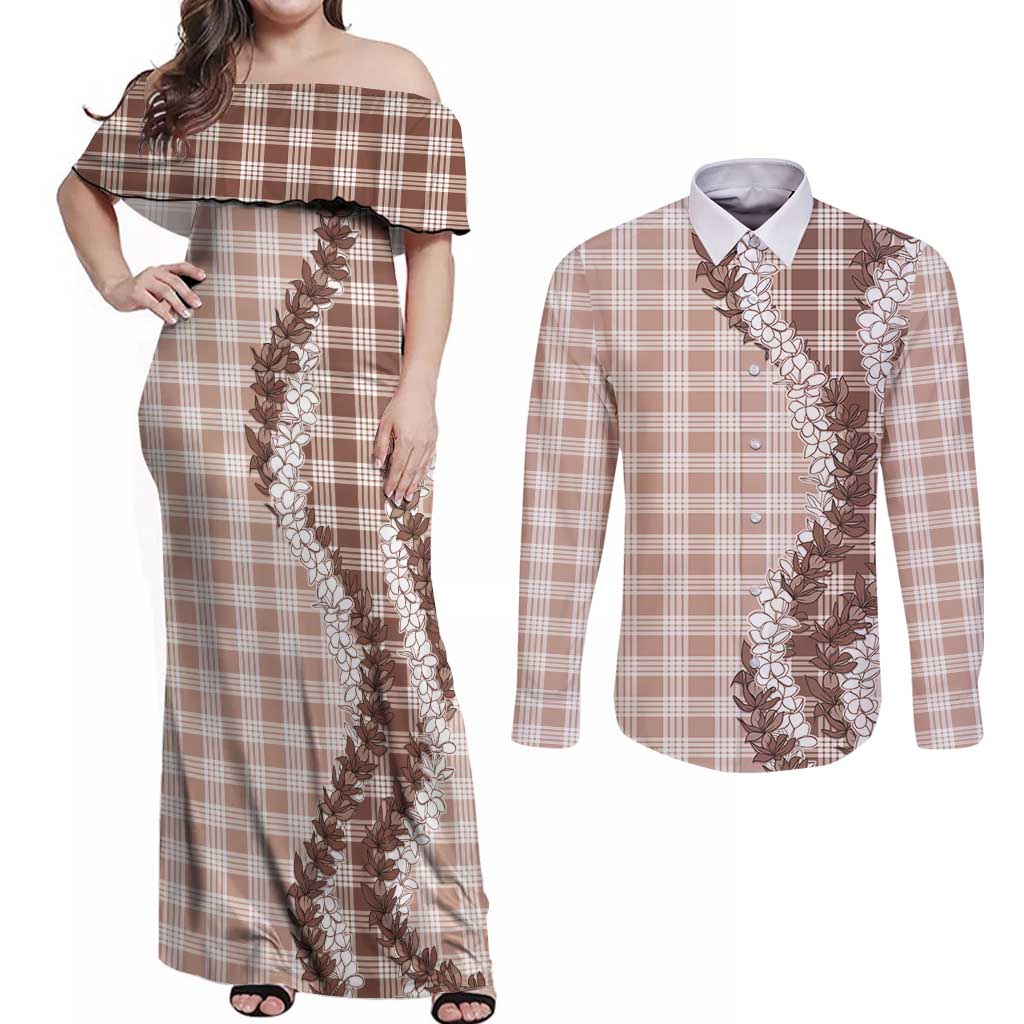 Beige Hawaii Palaka Couples Matching Off Shoulder Maxi Dress and Long Sleeve Button Shirt Hawaiian Honohono Lei LT05 Beige - Polynesian Pride