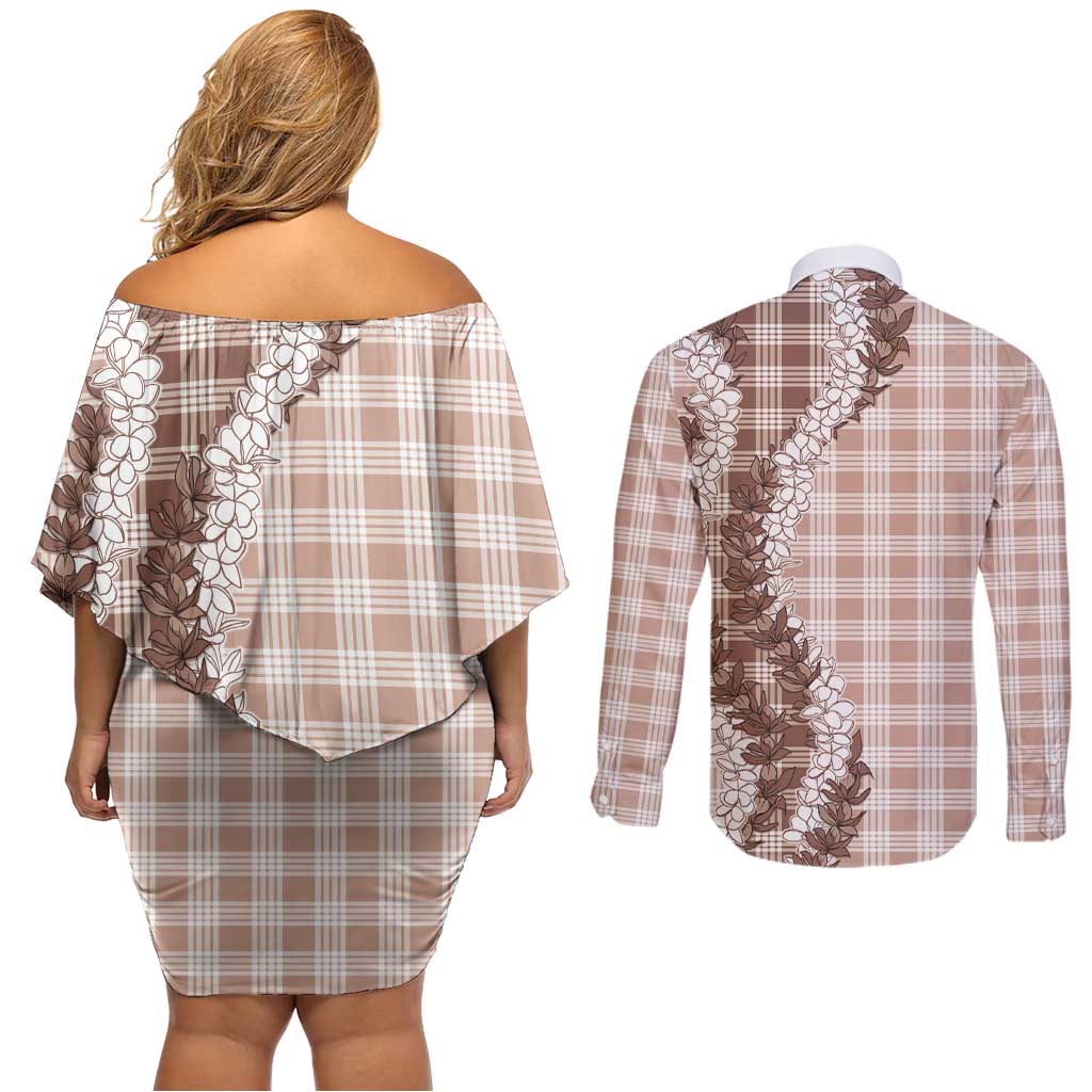 Beige Hawaii Palaka Couples Matching Off Shoulder Short Dress and Long Sleeve Button Shirt Hawaiian Honohono Lei LT05 - Polynesian Pride