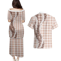 Beige Hawaii Palaka Couples Matching Puletasi and Hawaiian Shirt Hawaiian Honohono Lei LT05 - Polynesian Pride