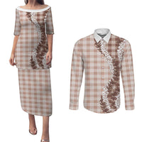 Beige Hawaii Palaka Couples Matching Puletasi and Long Sleeve Button Shirt Hawaiian Honohono Lei LT05 Beige - Polynesian Pride