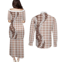 Beige Hawaii Palaka Couples Matching Puletasi and Long Sleeve Button Shirt Hawaiian Honohono Lei LT05 - Polynesian Pride