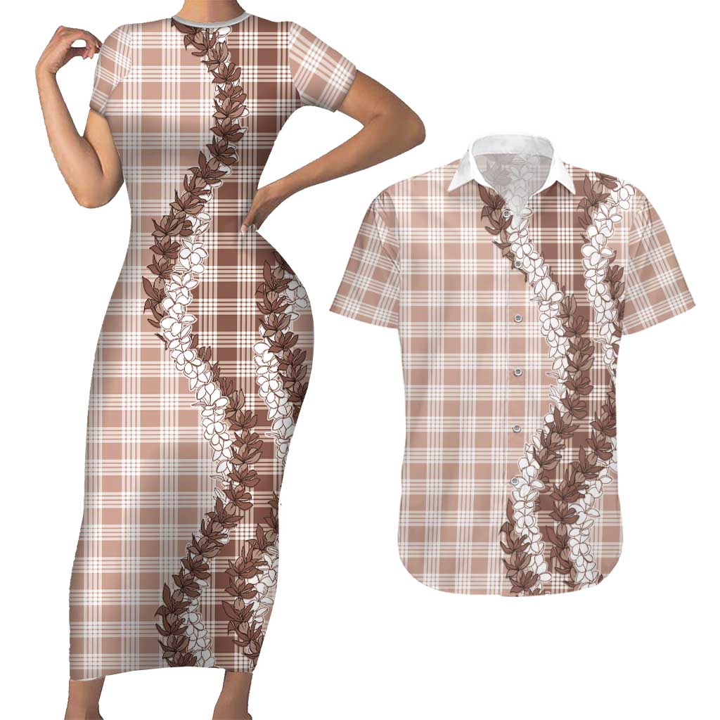 Beige Hawaii Palaka Couples Matching Short Sleeve Bodycon Dress and Hawaiian Shirt Hawaiian Honohono Lei LT05 Beige - Polynesian Pride