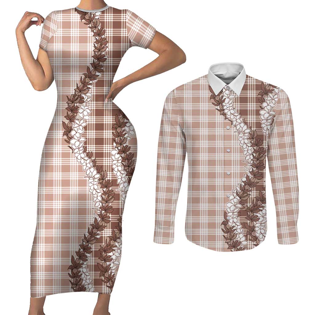 Beige Hawaii Palaka Couples Matching Short Sleeve Bodycon Dress and Long Sleeve Button Shirt Hawaiian Honohono Lei