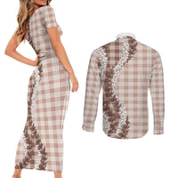 Beige Hawaii Palaka Couples Matching Short Sleeve Bodycon Dress and Long Sleeve Button Shirt Hawaiian Honohono Lei LT05 - Polynesian Pride