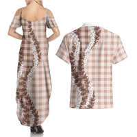 Beige Hawaii Palaka Couples Matching Summer Maxi Dress and Hawaiian Shirt Hawaiian Honohono Lei LT05 - Polynesian Pride