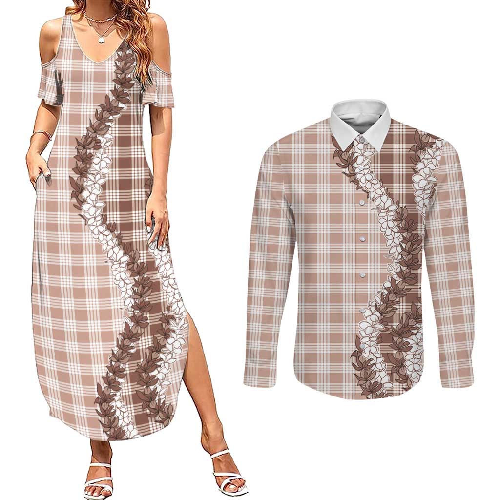 Beige Hawaii Palaka Couples Matching Summer Maxi Dress and Long Sleeve Button Shirt Hawaiian Honohono Lei LT05 Beige - Polynesian Pride