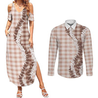 Beige Hawaii Palaka Couples Matching Summer Maxi Dress and Long Sleeve Button Shirt Hawaiian Honohono Lei LT05 Beige - Polynesian Pride
