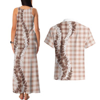Beige Hawaii Palaka Couples Matching Tank Maxi Dress and Hawaiian Shirt Hawaiian Honohono Lei LT05 - Polynesian Pride