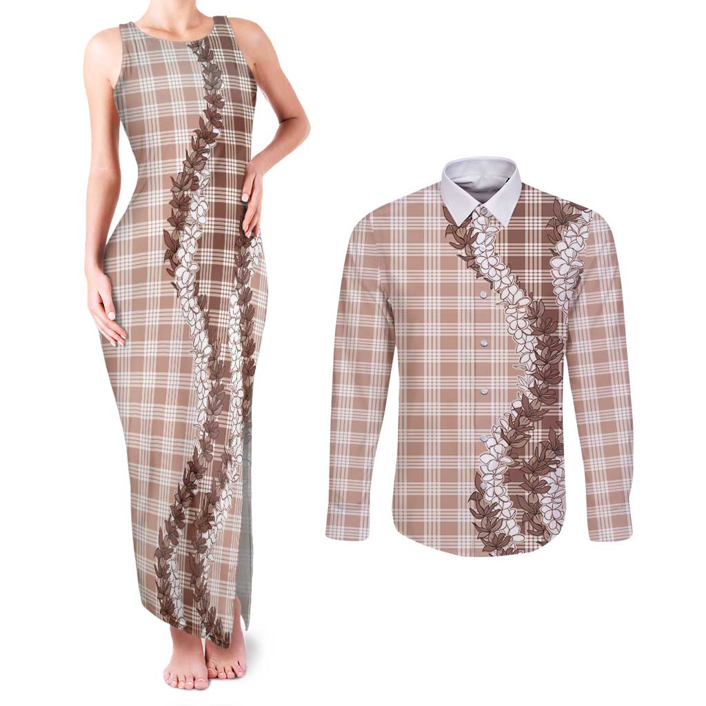 Beige Hawaii Palaka Couples Matching Tank Maxi Dress and Long Sleeve Button Shirt Hawaiian Honohono Lei LT05 Beige - Polynesian Pride