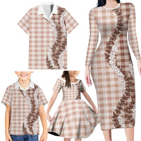 Beige Hawaii Palaka Family Matching Long Sleeve Bodycon Dress and Hawaiian Shirt Hawaiian Honohono Lei LT05 - Polynesian Pride