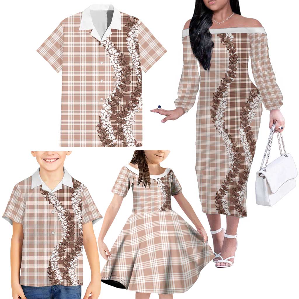 Beige Hawaii Palaka Family Matching Off The Shoulder Long Sleeve Dress and Hawaiian Shirt Hawaiian Honohono Lei LT05 - Polynesian Pride