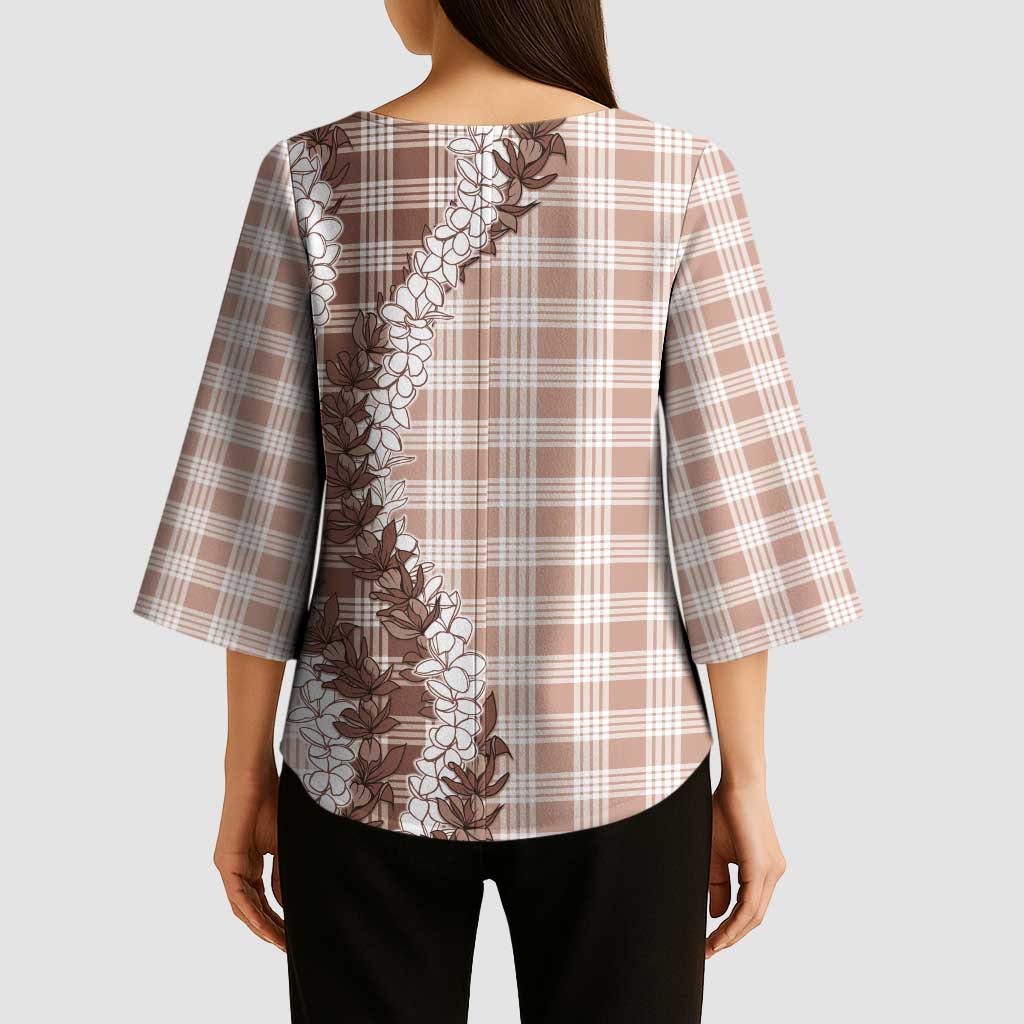 Beige Hawaii Palaka Kimono Sleeve Blouse Hawaiian Honohono Lei