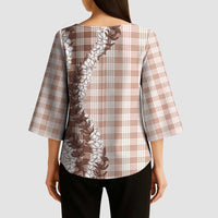 Beige Hawaii Palaka Kimono Sleeve Blouse Hawaiian Honohono Lei