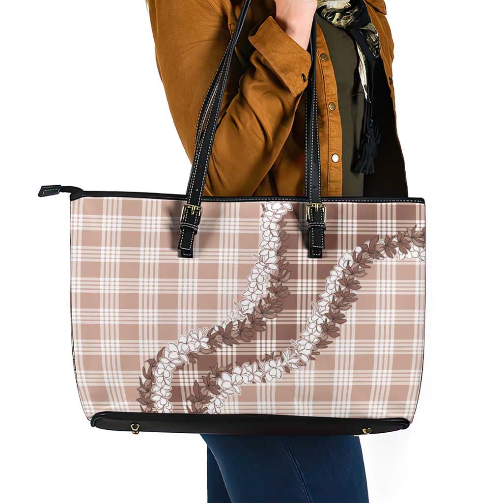 Beige Hawaii Palaka Leather Tote Bag Hawaiian Honohono Lei