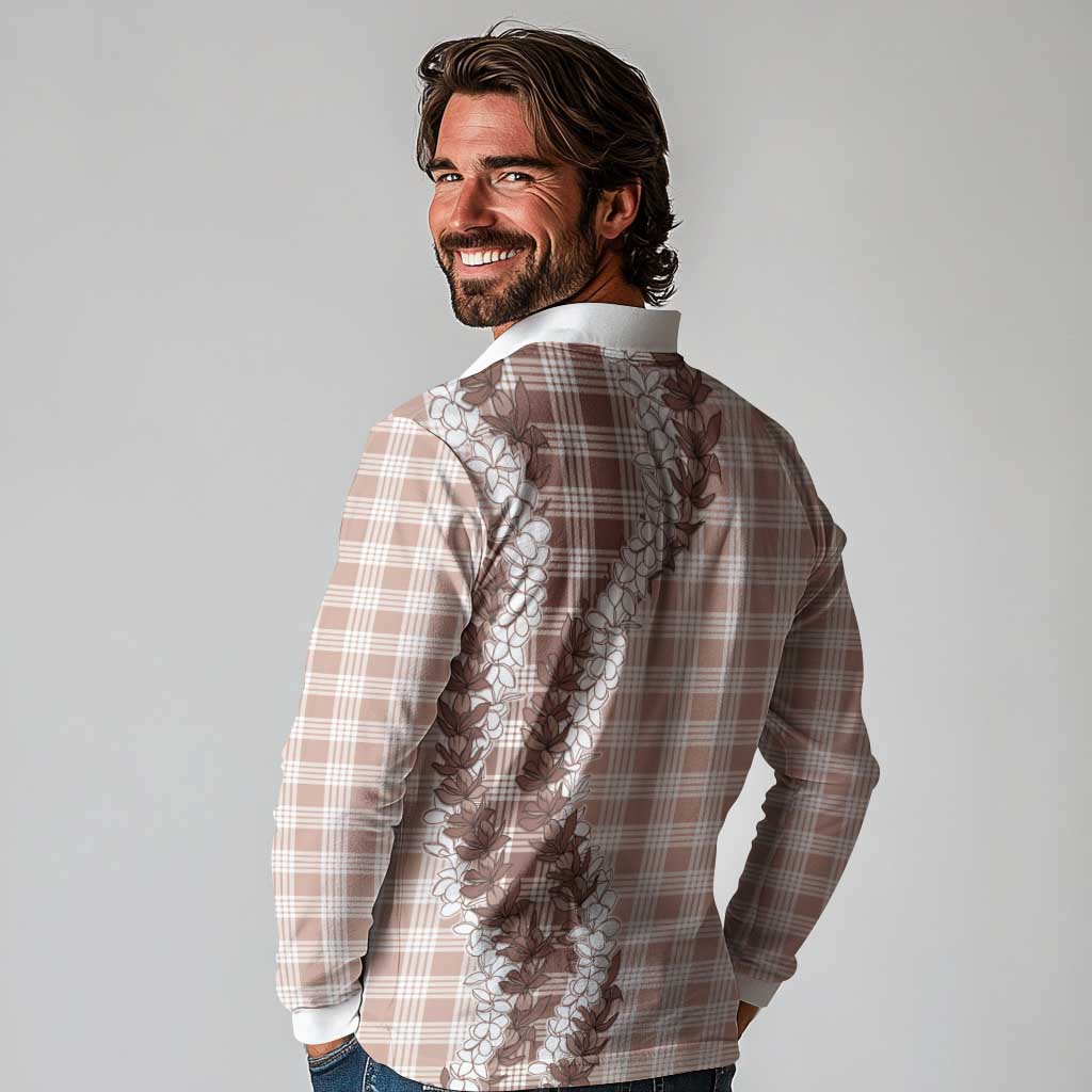 Beige Hawaii Palaka Long Sleeve Polo Shirt Hawaiian Honohono Lei