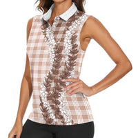 Beige Hawaii Palaka Women Sleeveless Polo Shirt Hawaiian Honohono Lei LT05 - Polynesian Pride