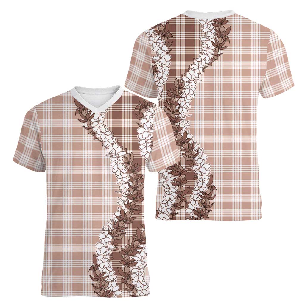 Beige Hawaii Palaka Women V-Neck T-Shirt Hawaiian Honohono Lei LT05 - Polynesian Pride