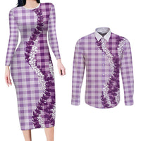 Violet Hawaii Palaka Couples Matching Long Sleeve Bodycon Dress and Long Sleeve Button Shirt Hawaiian Honohono Lei LT05 Violet - Polynesian Pride